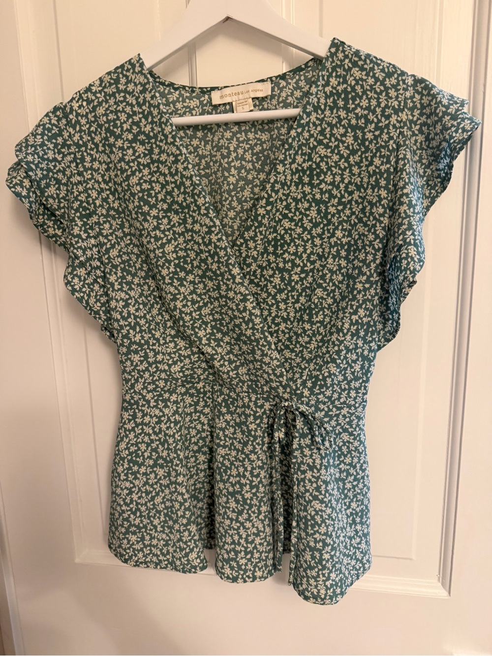Monteau Green Floral Wrap Blouse
